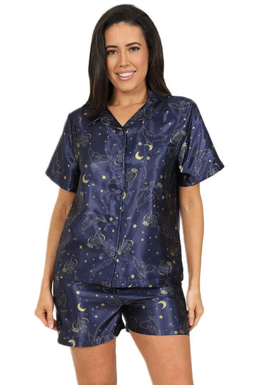 Womens Harry Potter Hedwig Pyjamas Navy Satin Short PJs