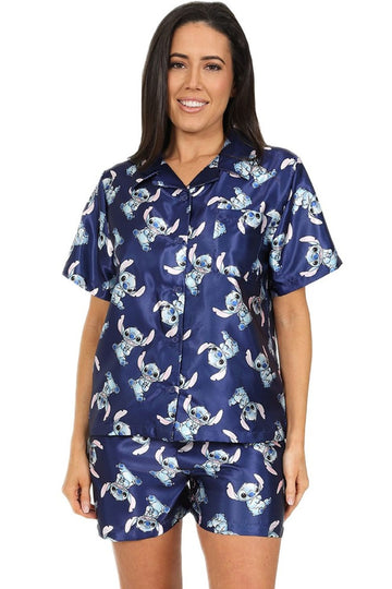 Womens Disney Lilo and Stitch Pyjamas Blue Satin Short PJs