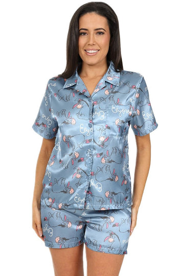 Womens Disney Eeyore Pyjamas Blue Satin Short PJs