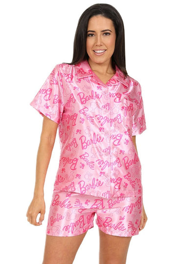 Womens Barbie Pyjamas Pink Satin Short PJs
