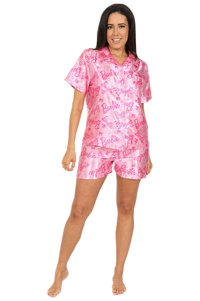 Womens Barbie Pyjamas Pink Satin Short PJs