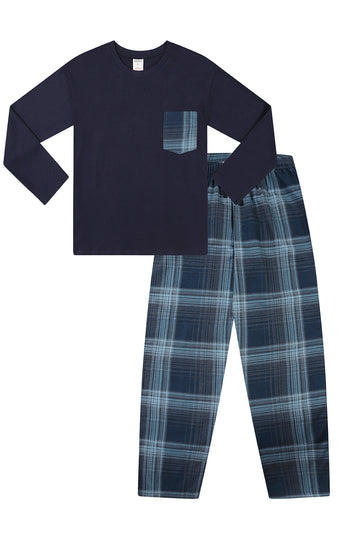 Boys Navy Check Long Pocket Pyjama Set