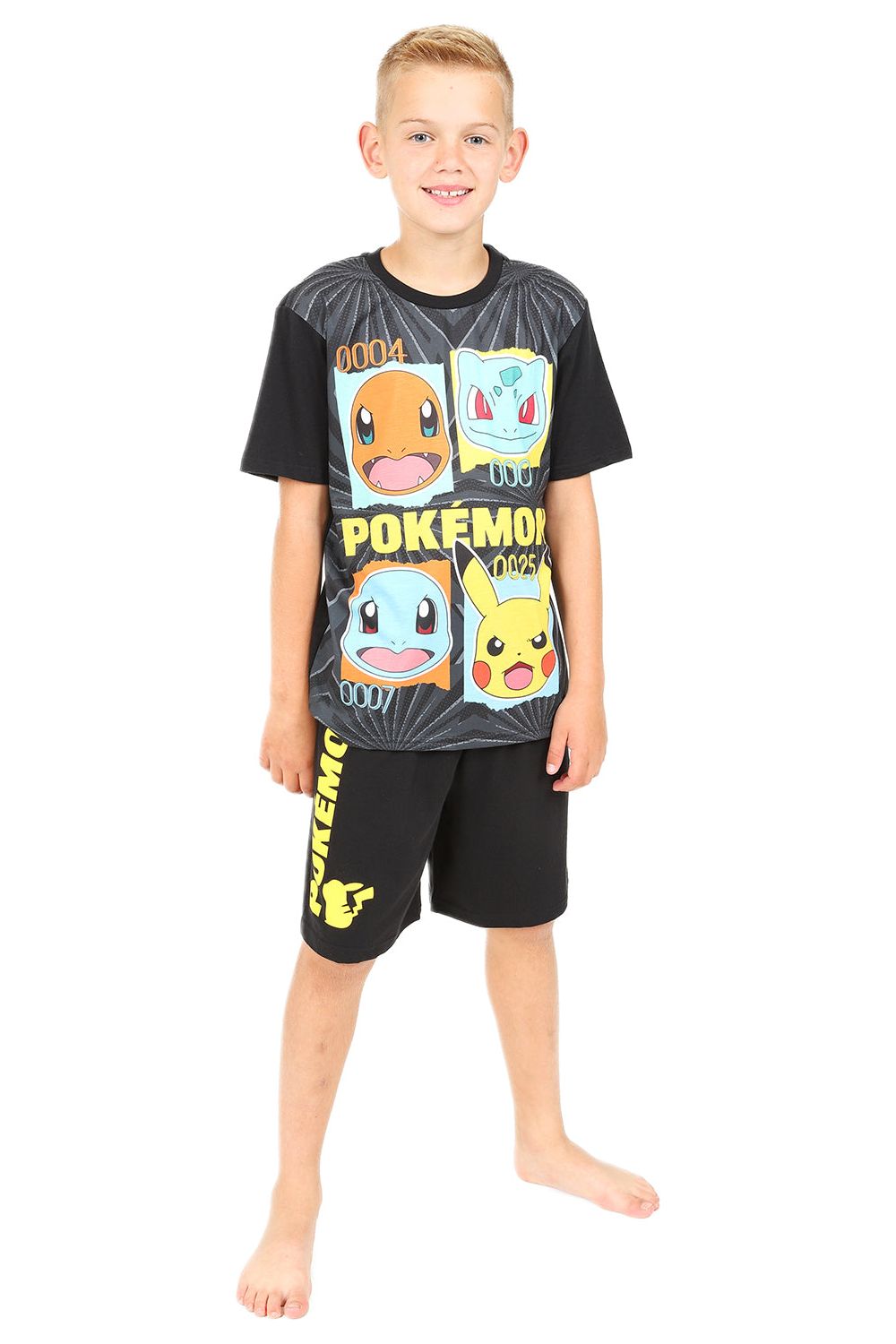Boys Pokemon Pikachu, Charmander, Bulbasaur, Squirtle, Black Short Pyjama Set