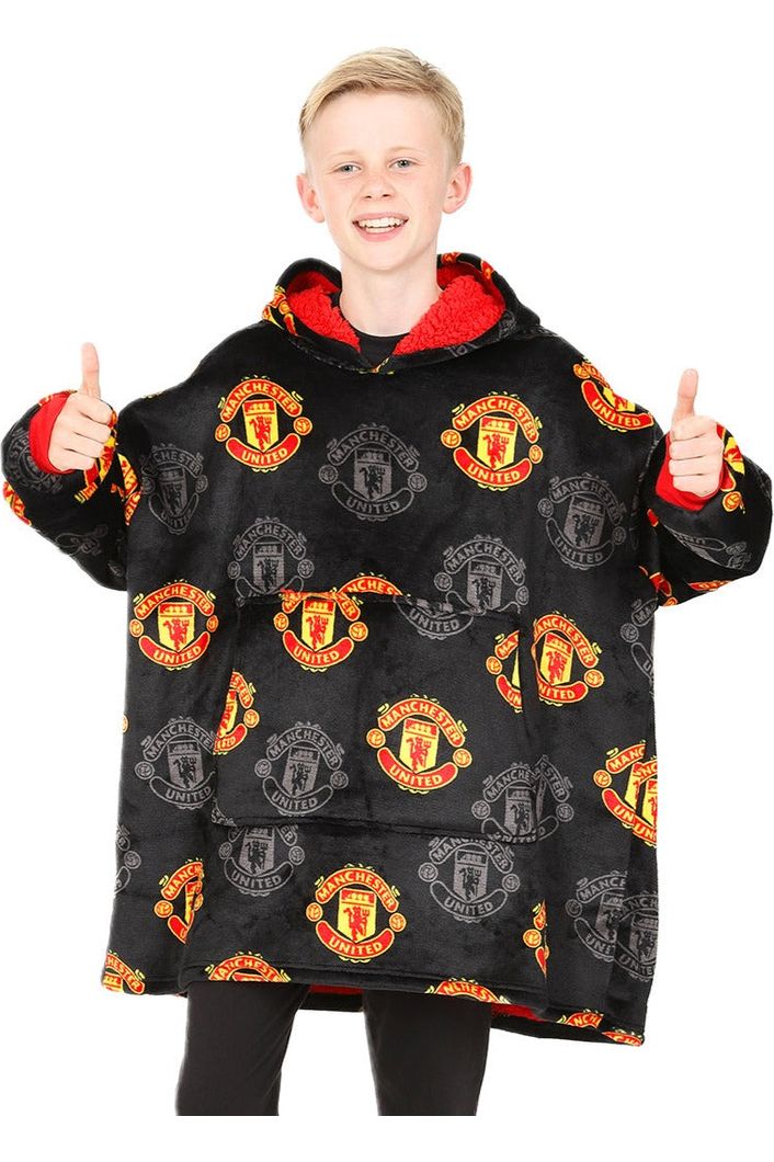 Boys Manchester United Football Club Fully Lined Luxury Fleece Oversized Hoodie Black W23