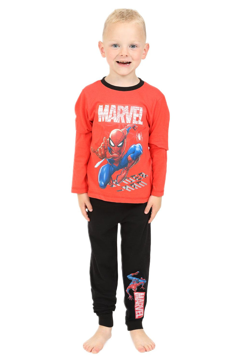 Boys Official Marvel Spiderman Long Pyjamas Red and Black