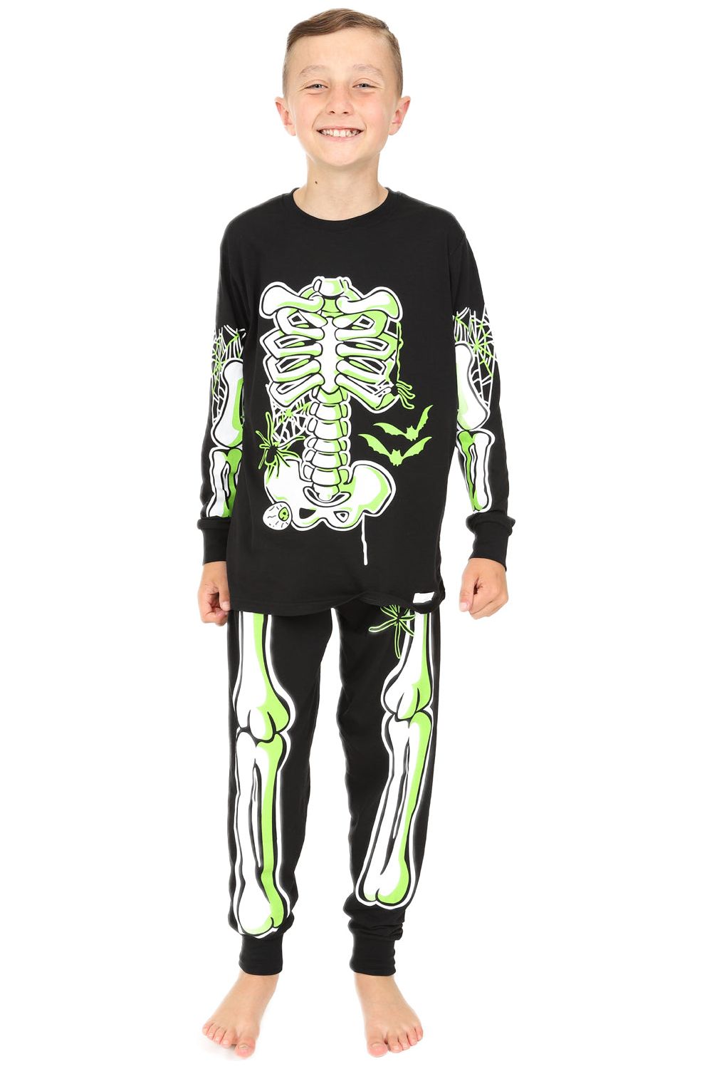 Girls Boys Skeleton Glow In The Dark Green Long Unisex Pyjamas
