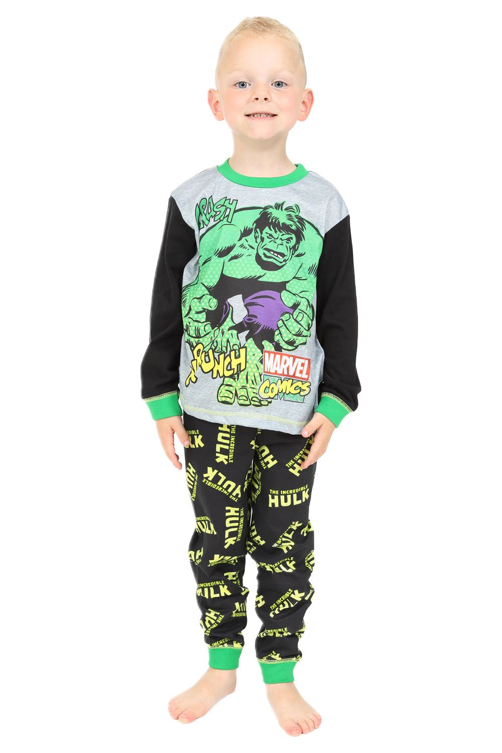 Boys Official Marvel Hulk Krunch Green Grey Long Pyjamas