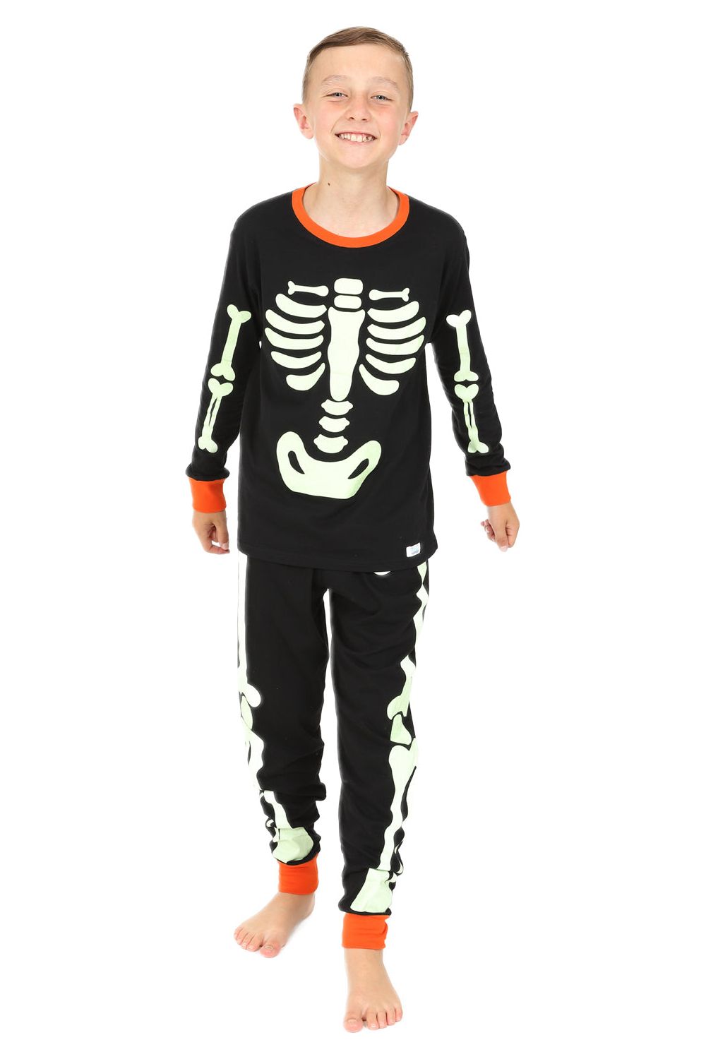 Skeleton Glow In The Dark Orange Cuffed Long Unisex Pyjamas