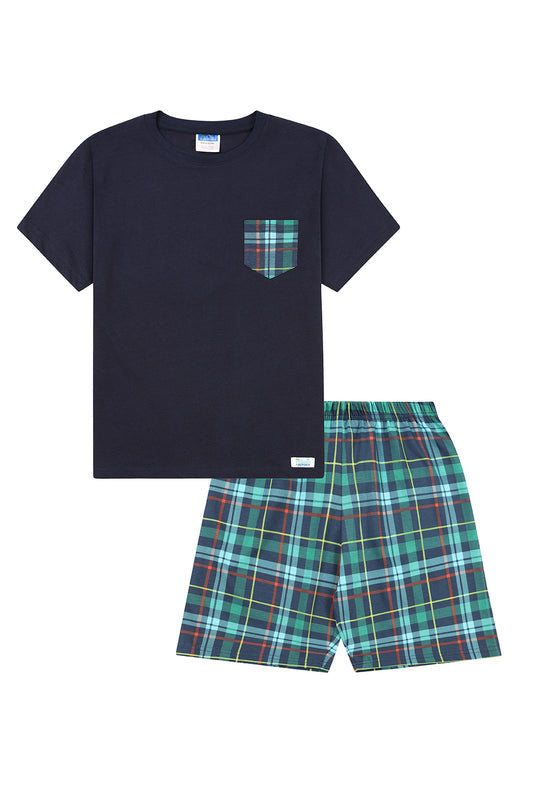 Boys Navy Blue And Green Check Short Cotton Pyjama Set