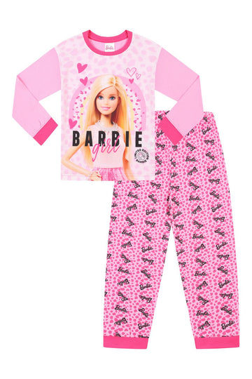 Girls Barbie Girl Long Leopard Print Pink Pyjamas 3 To 10 Years