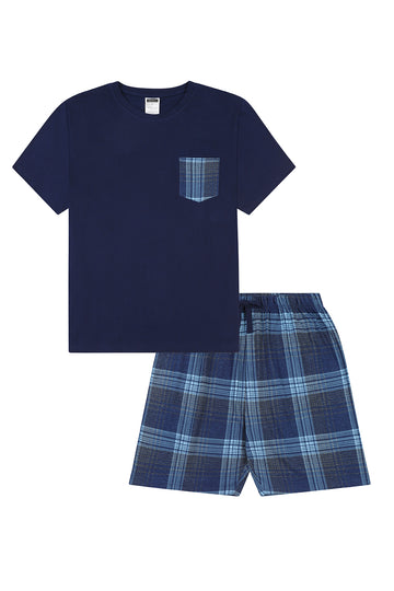 Boys Navy Blue Check Short Pocket Pyjama Set