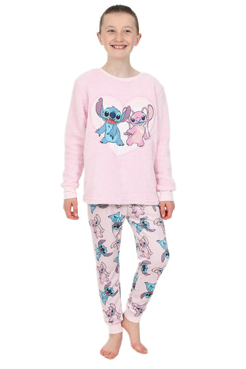 Girls Disney Lilo And Stitch Angel Warm Fleece Pink Long Pyjamas