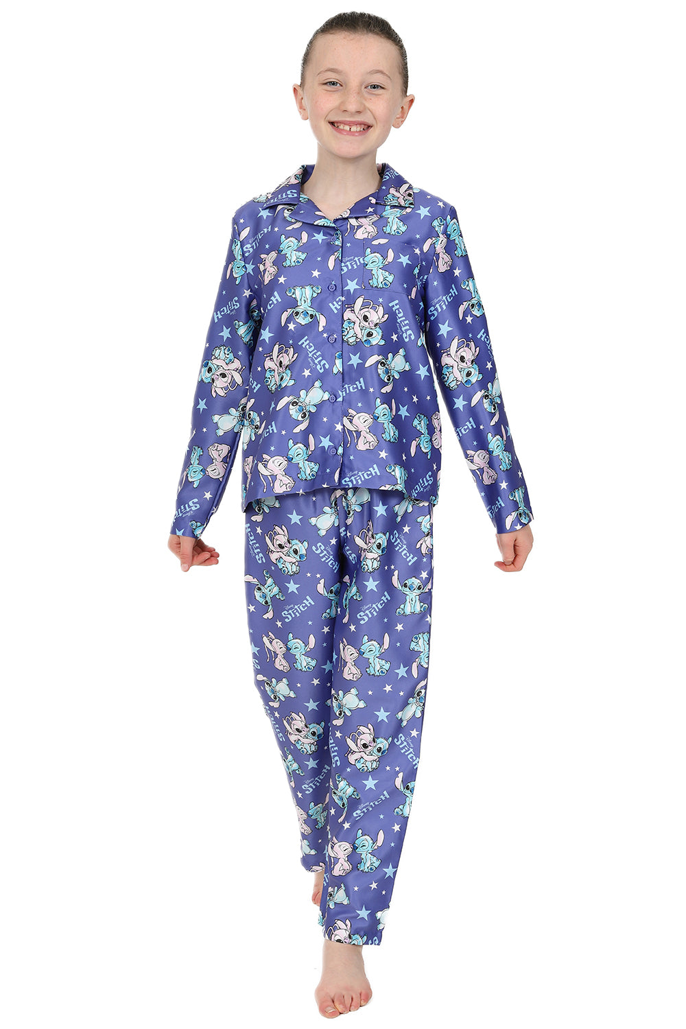 Girls Disney Stitch And Angel Long Purple Satin Pyjama Set