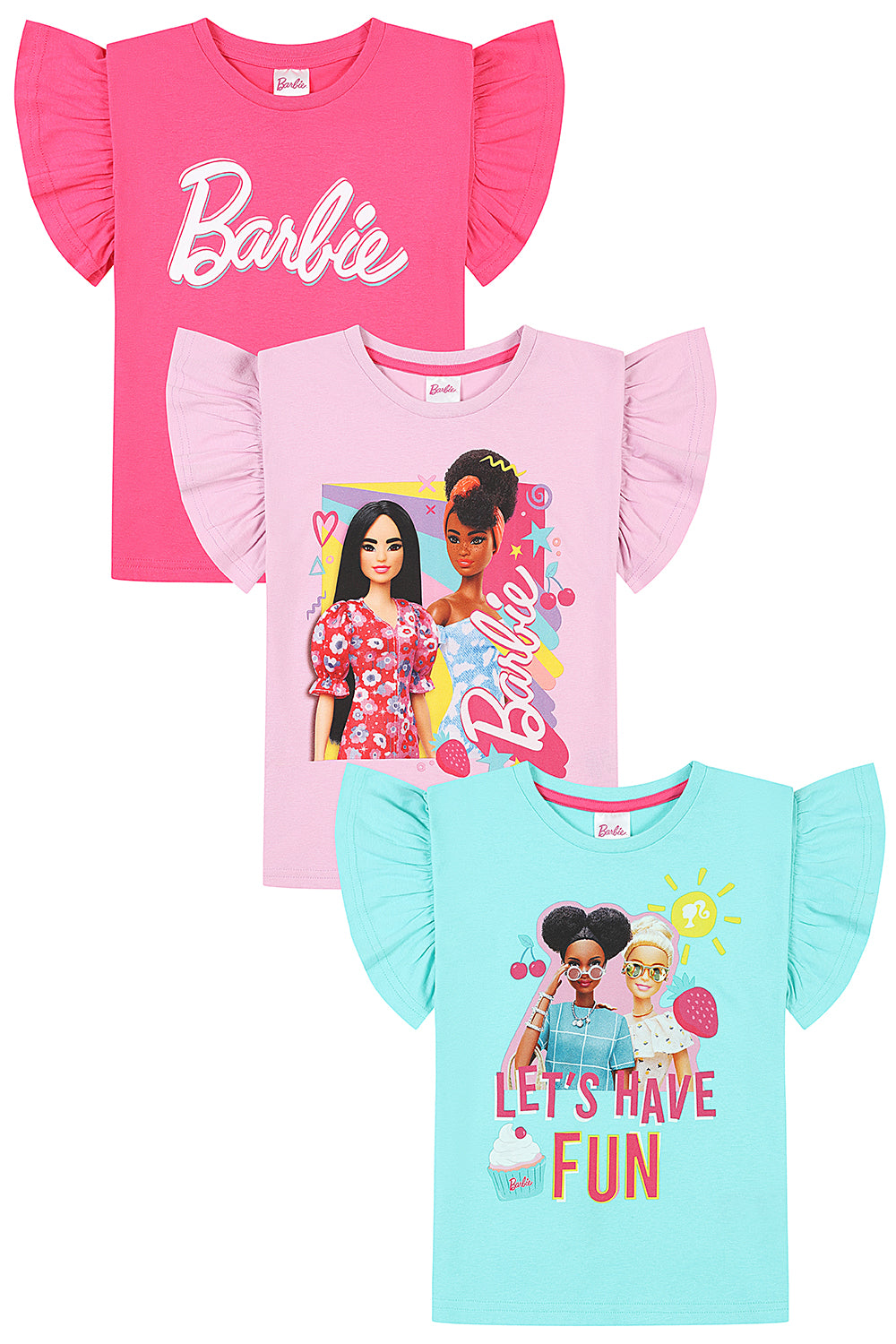 Barbie 3 Pack Girls Frilled Sleeve T-Shirts Multipack
