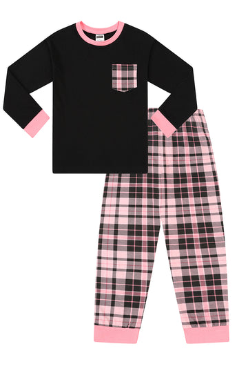 Girls Black And Pink Tartan Check Long Pyjamas PJs