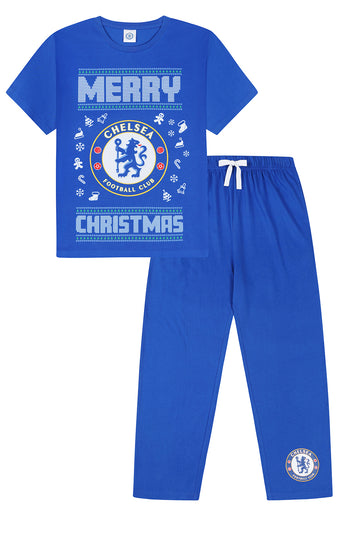 Mens Chelsea FC Merry Christmas Pyjamas Blue Long PJs