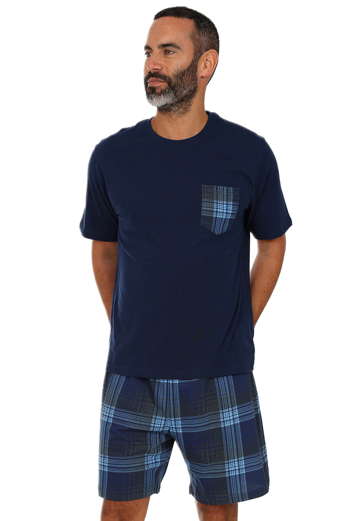 Mens Check Navy Blue Short Pyjamas