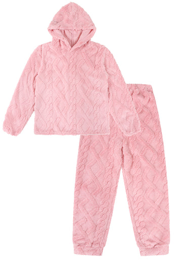 Girls Pink Fleece Jacquard Cable Pattern Hooded Fleece Warm Lounge Pyjama Set