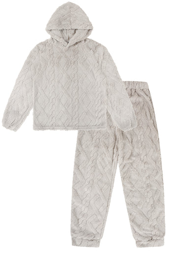 Girls Grey Fleece Jacquard Cable Pattern Hooded Fleece Warm Lounge Pyjama Set