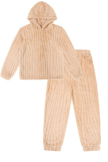 Girls Beige Fleece Stripe Pattern Hooded Fleece Warm Lounge Pyjama Set
