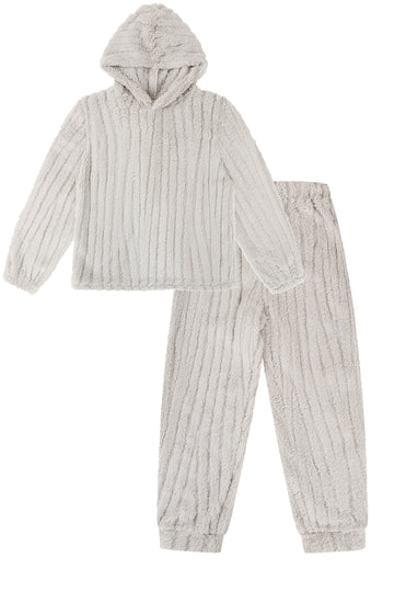 Girls Grey Fleece Jacquard Stripe Pattern Hooded Lounge Pyjama Set