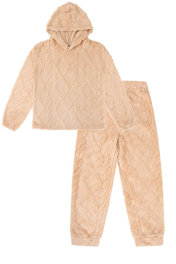 Girls Beige Fleece Jacquard Cable Pattern Hooded Fleece Warm Lounge Pyjama Set