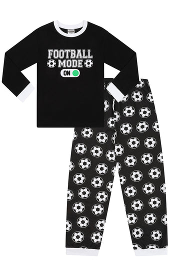 Boys Football Mode On Black White Long Cotton Pyjamas PJs For Kids