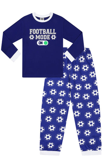 Boys Football Mode On Blue White Long Cotton Pyjamas PJs For Kids