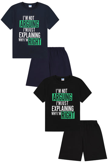 I'm Not Arguing I'm Just Explaining Why I'm Right Short Black Navy 2 Pack Boys Pyjama Set PJs For Kids