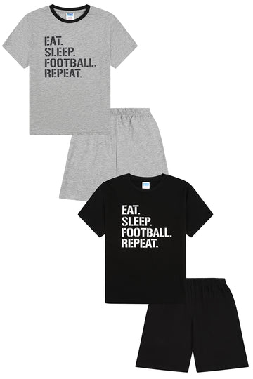 Eat Sleep Football Repeat Short Black Grey 2 Pack Boys Pyjamas PJs For Kids