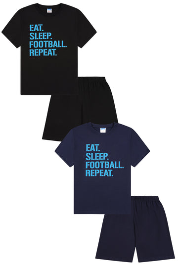 Eat Sleep Football Repeat Short Black Navy 2 Pack Boys Pyjamas PJs For Kids