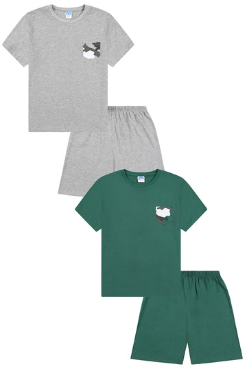 Boys Camouflage Short Green Grey 2 Pack Pyjamas PJs For Kids