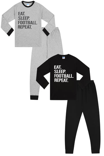 Eat Sleep Football Repeat Long Black Grey 2 Pack Boys Pyjamas PJs For Kids