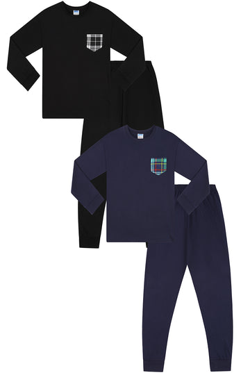 Boys Long Checked Pocket Black Navy 2 Pack Long Pyjamas PJs For Kids