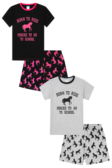 Girls Born To Ride Forced To Go To School Black Grey 2 Pack Short Pyjama Set