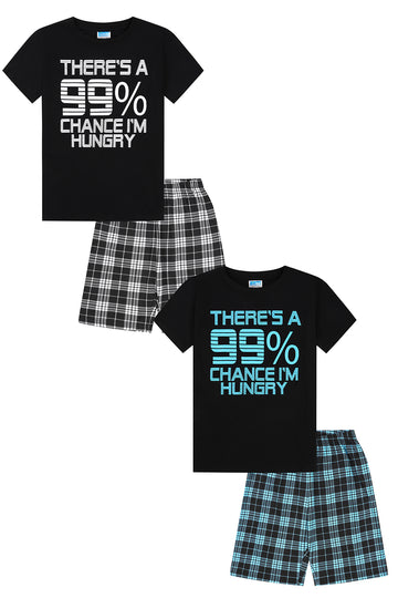 Boys 99% Chance I'm Hungry Short Black White Blue 2 Pack Pyjama Sets