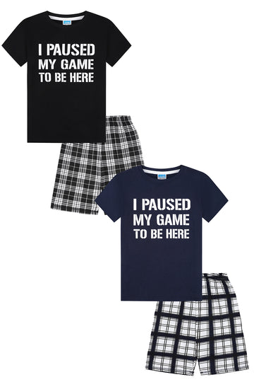 I Paused My Game To Be Here Black Blue Short 2 Pack Boys Pyjama Set PJs For Kids