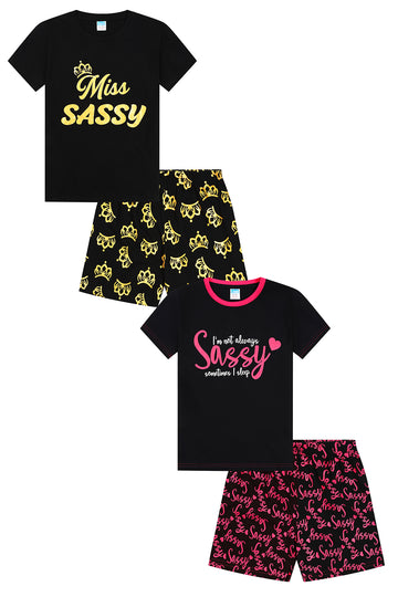 Girls I'm Not Always Always Sassy 2 pack Pyjamas Black Pink Gold Short PJs
