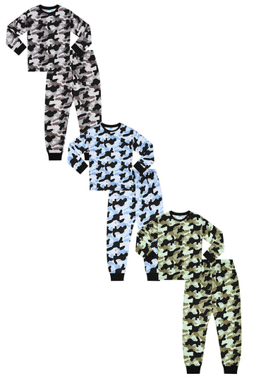 Boys Camouflage Long Green Grey Blue AOP 3 Pack Pyjamas