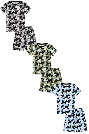 Boys Camouflage Short Green Grey Blue AOP 3 Pack Pyjamas