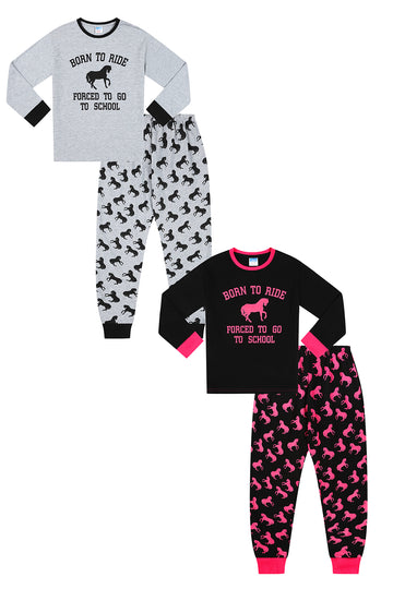 Girls Born To Ride Forced To Go To School Black Grey 2 Pack Long Pyjama Set