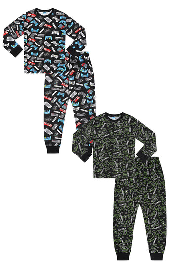 Boys Game Controller Long 2 Pack Black Pyjama Set