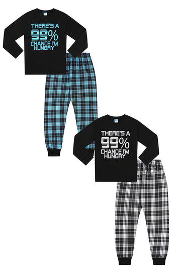 Boys 99% Chance I'm Hungry Long Black White Blue 2 Pack Pyjama Sets