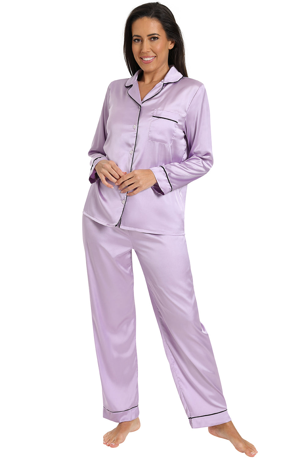Women's Lilac Satin Long Two Piece Pyjama Set