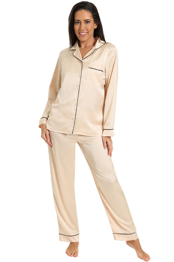 Women's Gold Satin Long Two Piece Pyjama Set