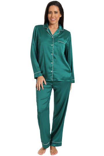 Women's Green Satin Long Two Piece Pyjama Set