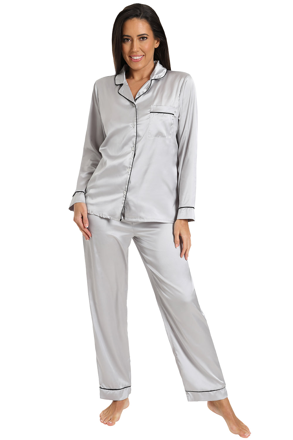 Women's Silver Satin Long Two Piece Pyjama Set