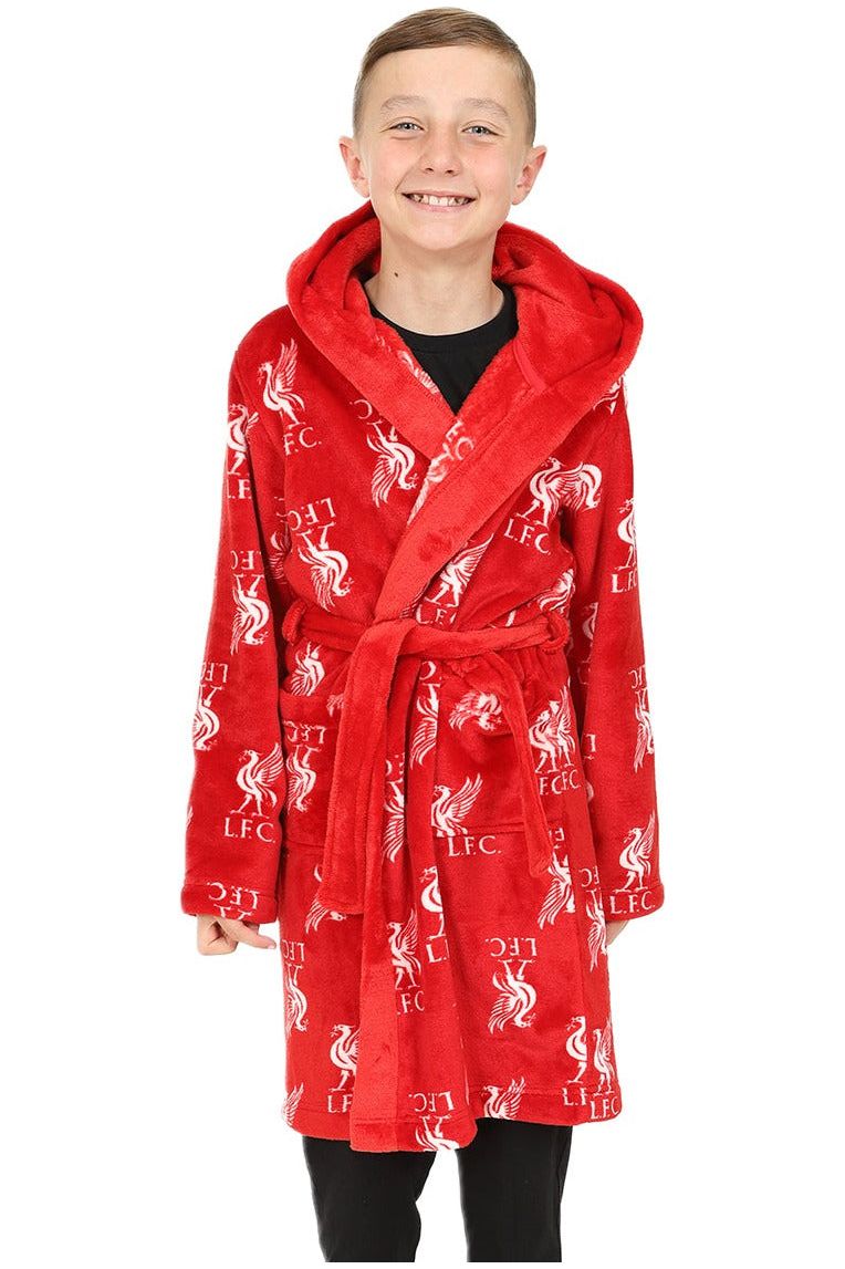 Liverpool F.C. Boys Official Dressing Gown Fleece Hooded Kids Robe Red