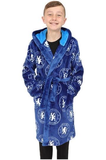 Chelsea F.C. Boys Official Dressing Gown Fleece Hooded Kids Robe W23