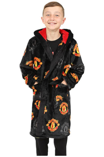 Manchester United F.C. Boys Official Dressing Gown Fleece Hooded Kids Robe Black